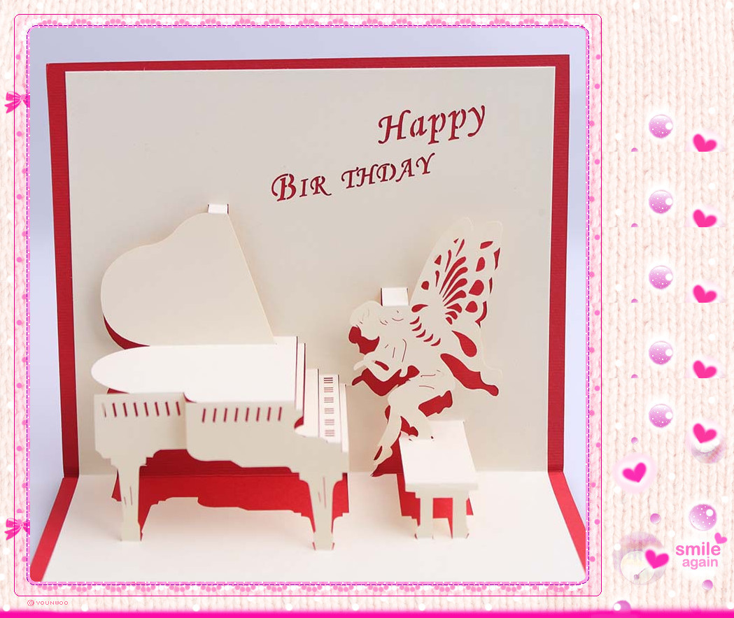 3d生日祝福钢琴天使贺卡 手工立体明信片 商务节庆批发