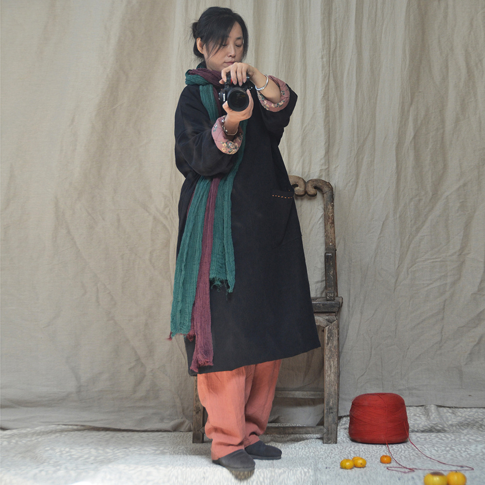 小冬/棉麻女装棉袍原创文艺手工盘扣长款手绣线粗麻厚实棉衣棉袄