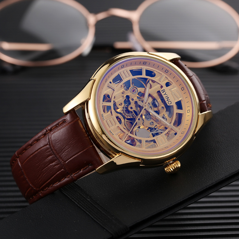 byino2020新款概念时尚潮男表带机械表镂空全自动机械皮带手表男