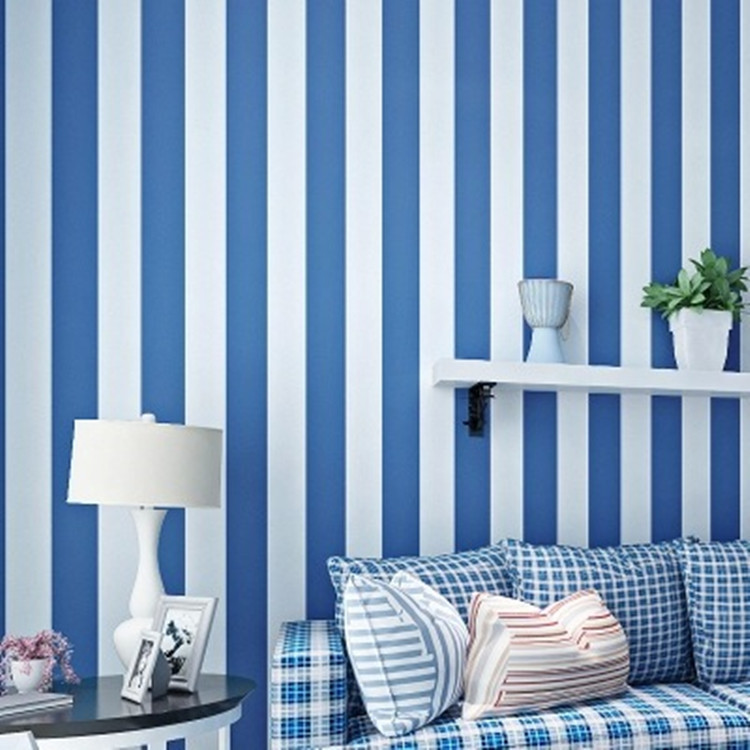 地中海天蓝色条纹环保纯纸墙纸 现代简约客厅男孩卧室儿童房壁纸