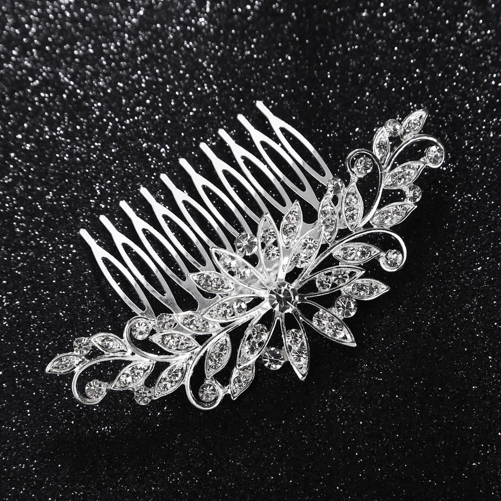 亚马逊流行新娘水钻发梳叶子花卉镂空镀银合金影楼发叉配饰