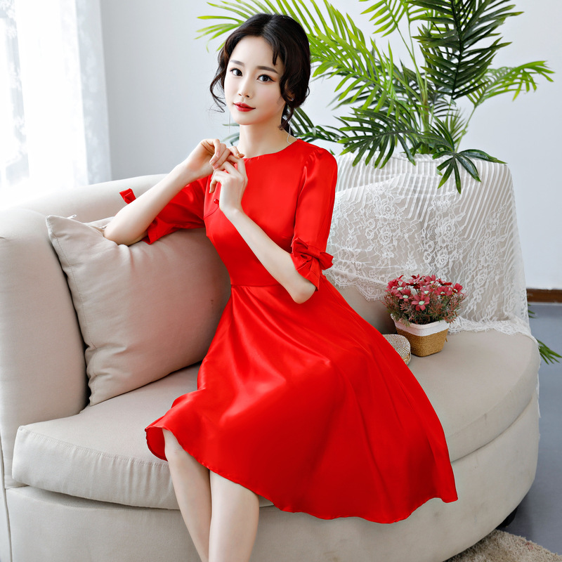 鸿韵梦夏款无领改良仿丝双层旗袍女装连衣裙日常少女小礼服