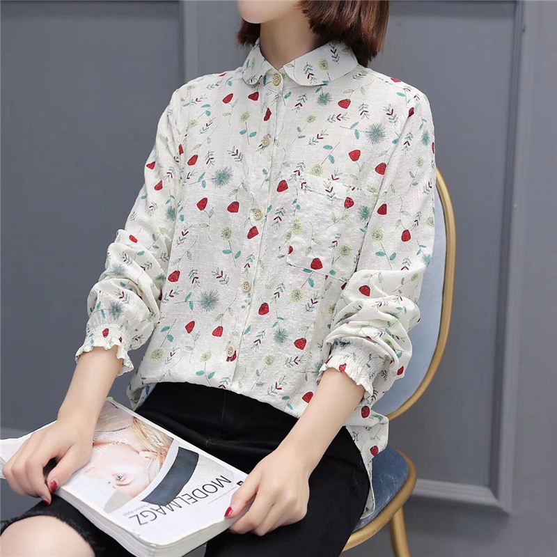 2018春季新款小碎花长袖纯棉衬衫女 气质时尚显瘦女式打底衫上衣