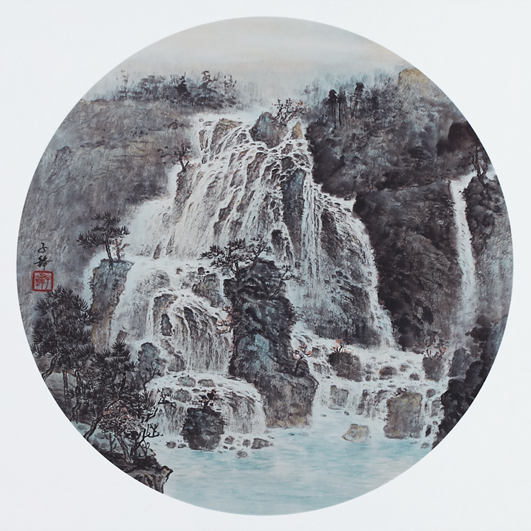 中国现代山水画国画圆形装饰画挂画松瀑图客厅餐厅方形装饰画风景