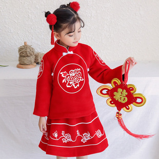 汉服女童新年装唐装拜年服 2019儿童羊绒夹棉呢子套装中国风礼服