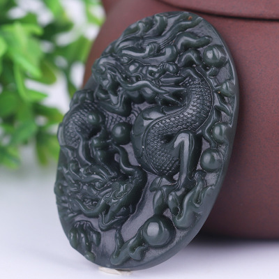 纯天然新疆和田玉青玉龙牌挂件玉石玉器双龙戏珠吊坠