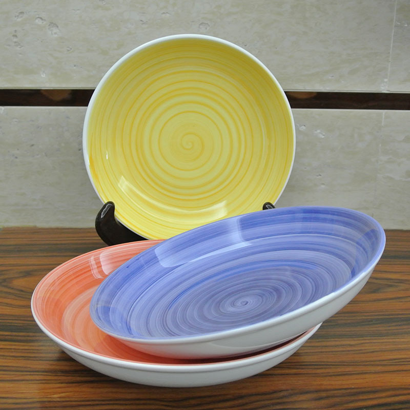 陶瓷彩色盘手绘手彩条纹创意7/8寸米饭盘菜盘五彩罗纹水果餐具盘