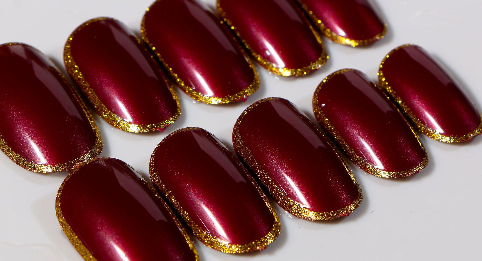 109-吸血鬼酒红金边闪粉 中长款美甲贴片 假指甲成品 批发