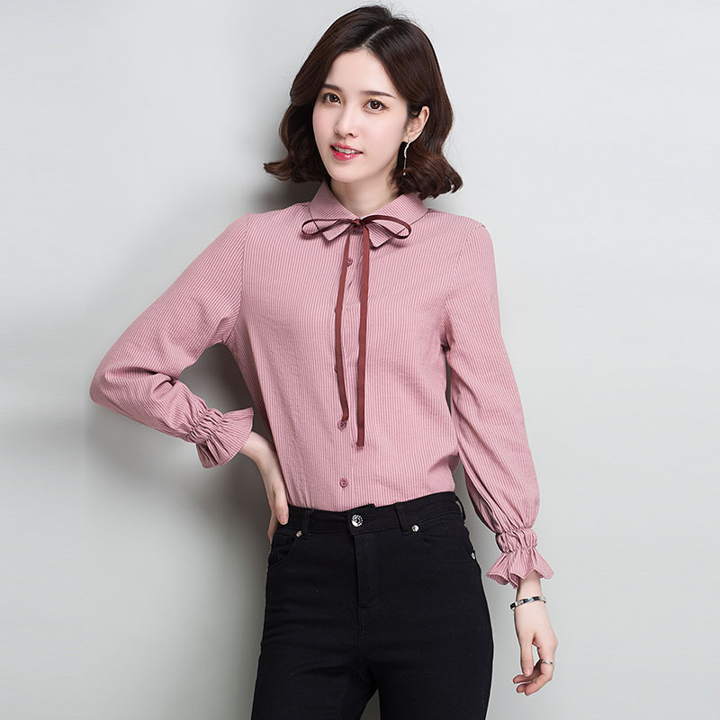 2018春季时尚女装新款韩版衬衫翻领系带喇叭袖长袖显瘦女士上衣