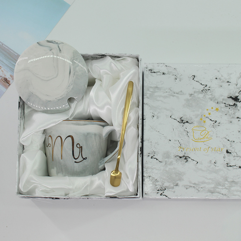 Gift Box Ins Internet Hot Girlish Creative Marble Pattern Breakfast Cup Ceramic Mug with Cover with Spoon Water Cup