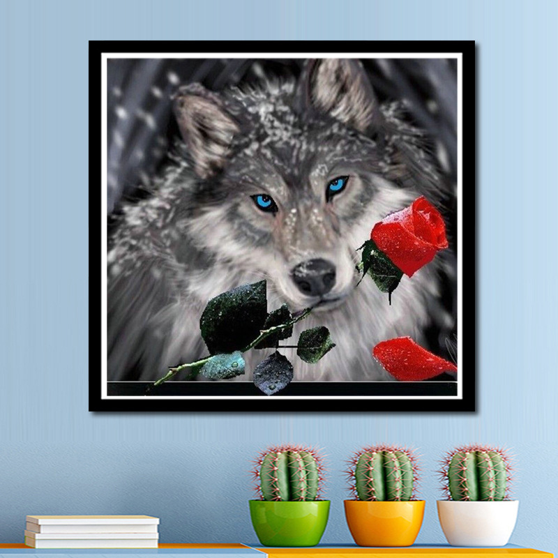 外贸爆款5d钻石画 叼着玫瑰的狼贴钻十字绣装饰画 亚马逊批发