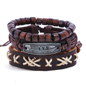 庞克跨境新品复古牛皮编织手链合金羽毛diy套装麻绳真皮手链手绳