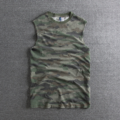 外贸原单 水洗纯棉欧美潮男休闲嘻哈运动迷彩背心
