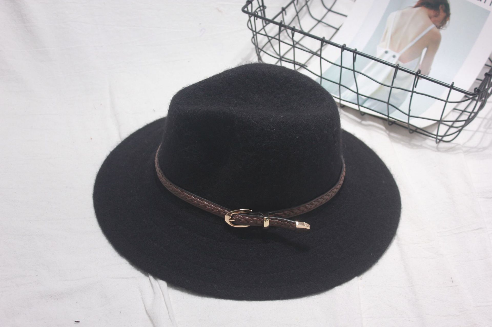 韩版春秋新款皮扣羊毛宽边爵士礼帽英伦风男女遮阳挡风潮帽子批发