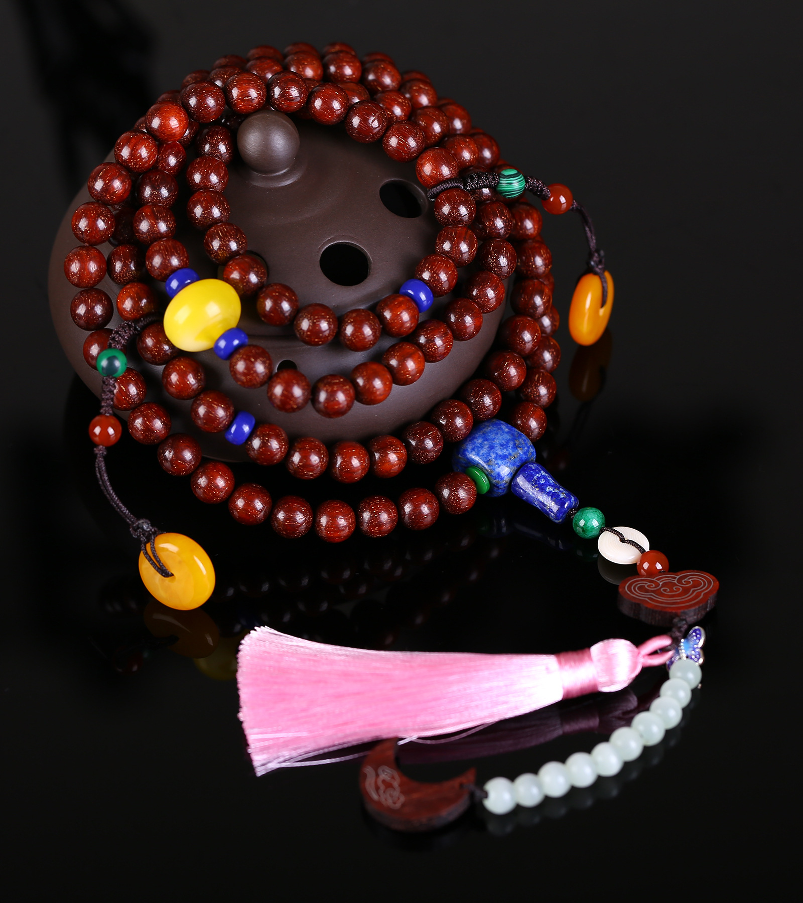 新款正宗印度小叶紫檀6mm108颗佛珠手串搭配二代蜜蜡平安扣流苏坠