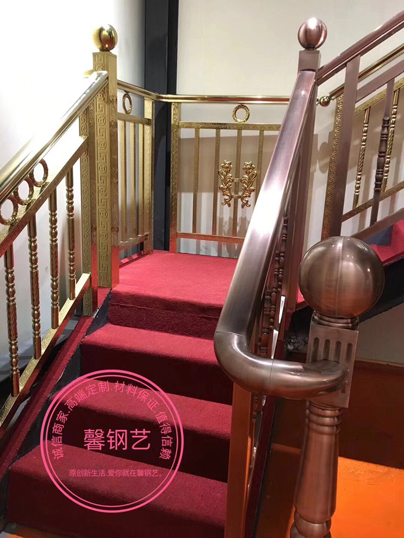 工厂定制不锈钢豪华别墅楼梯扶手 真空镀钛金玫瑰色护栏