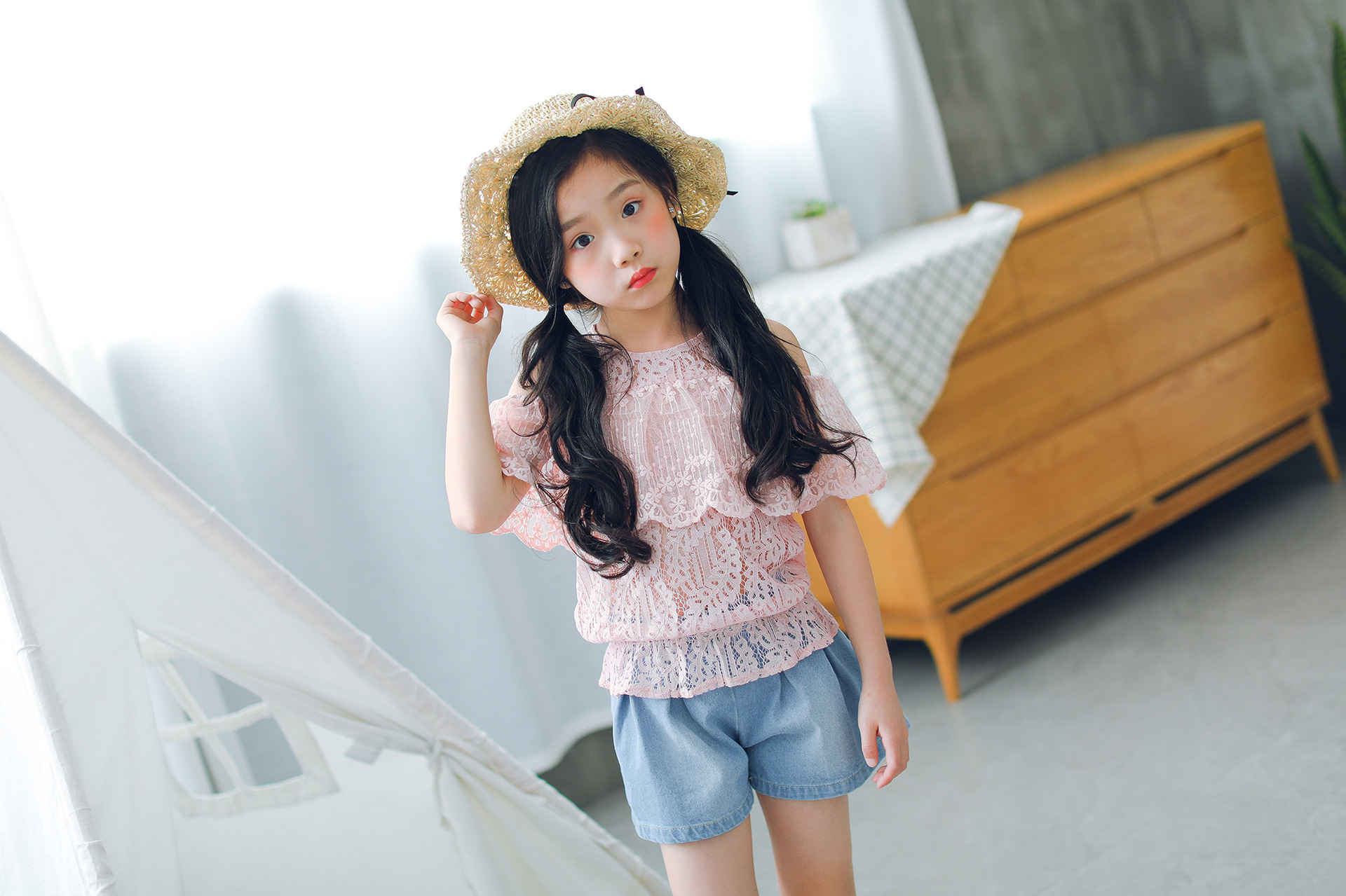 2018夏季新款女童漏肩蕾丝雪纺百搭网纱短袖打底衫 女童娃娃衫夏