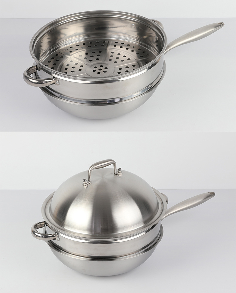 无油烟不粘无涂层不锈钢真空锅 三层钢五层钢炒锅 白钢锅批发