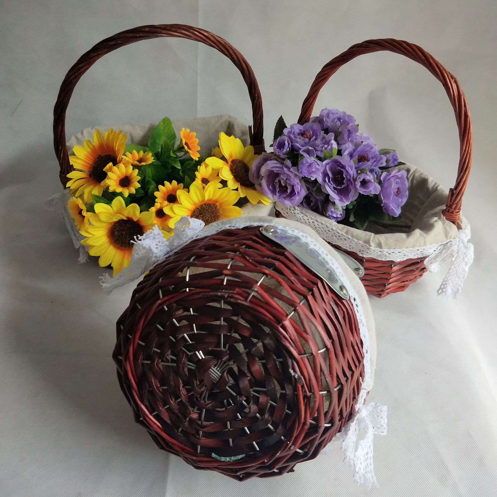 产地货源柳编手提花篮酒店家庭装饰插花蓝编织篮酒红色柳编花篮