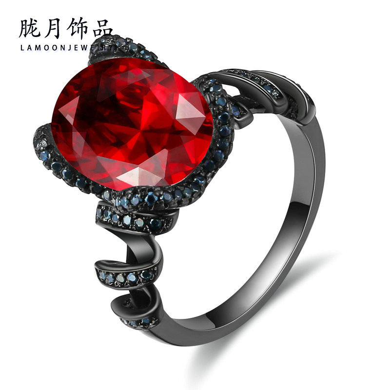 跨境新品手饰 欧美螺旋型黑金红刚玉戒指 锆石微镶戒指批发定制