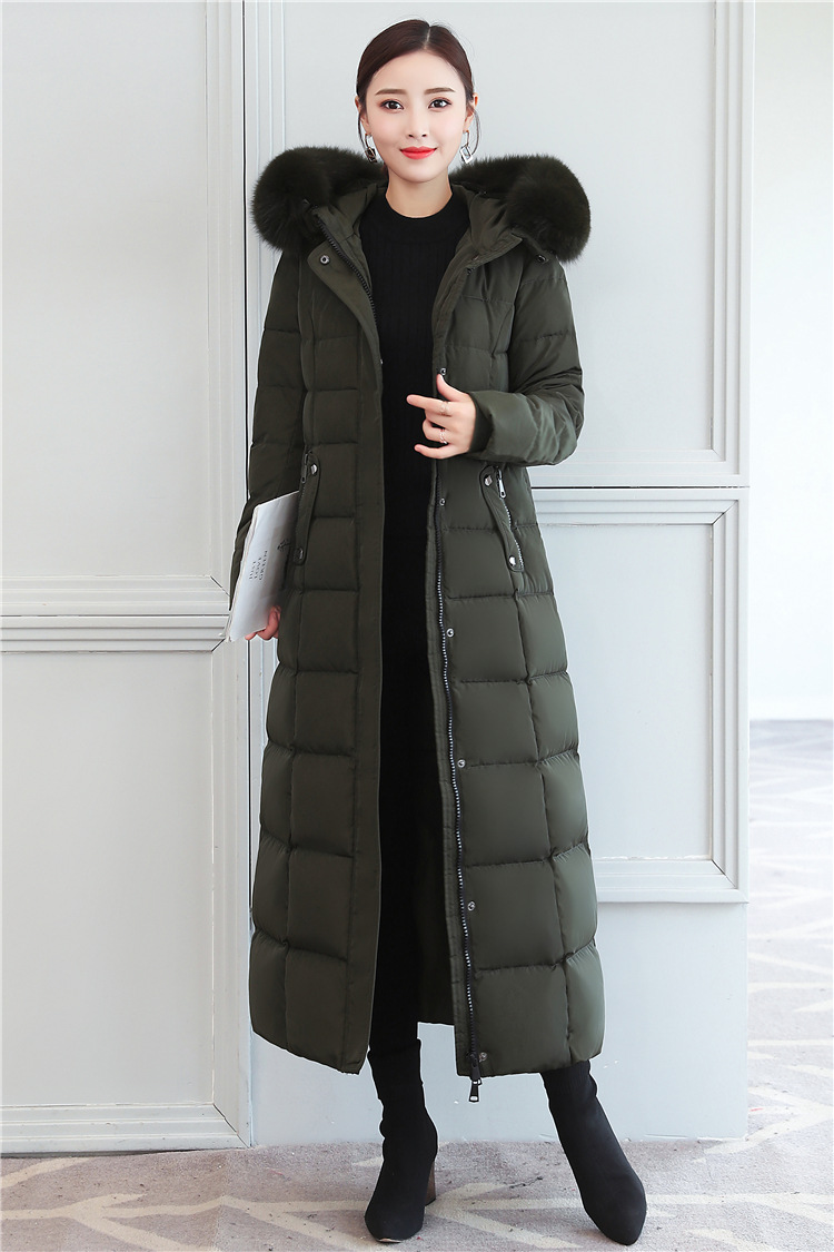 批发真狐狸大毛领超长加厚长款羽绒服女加长过膝修身显瘦版腰带款