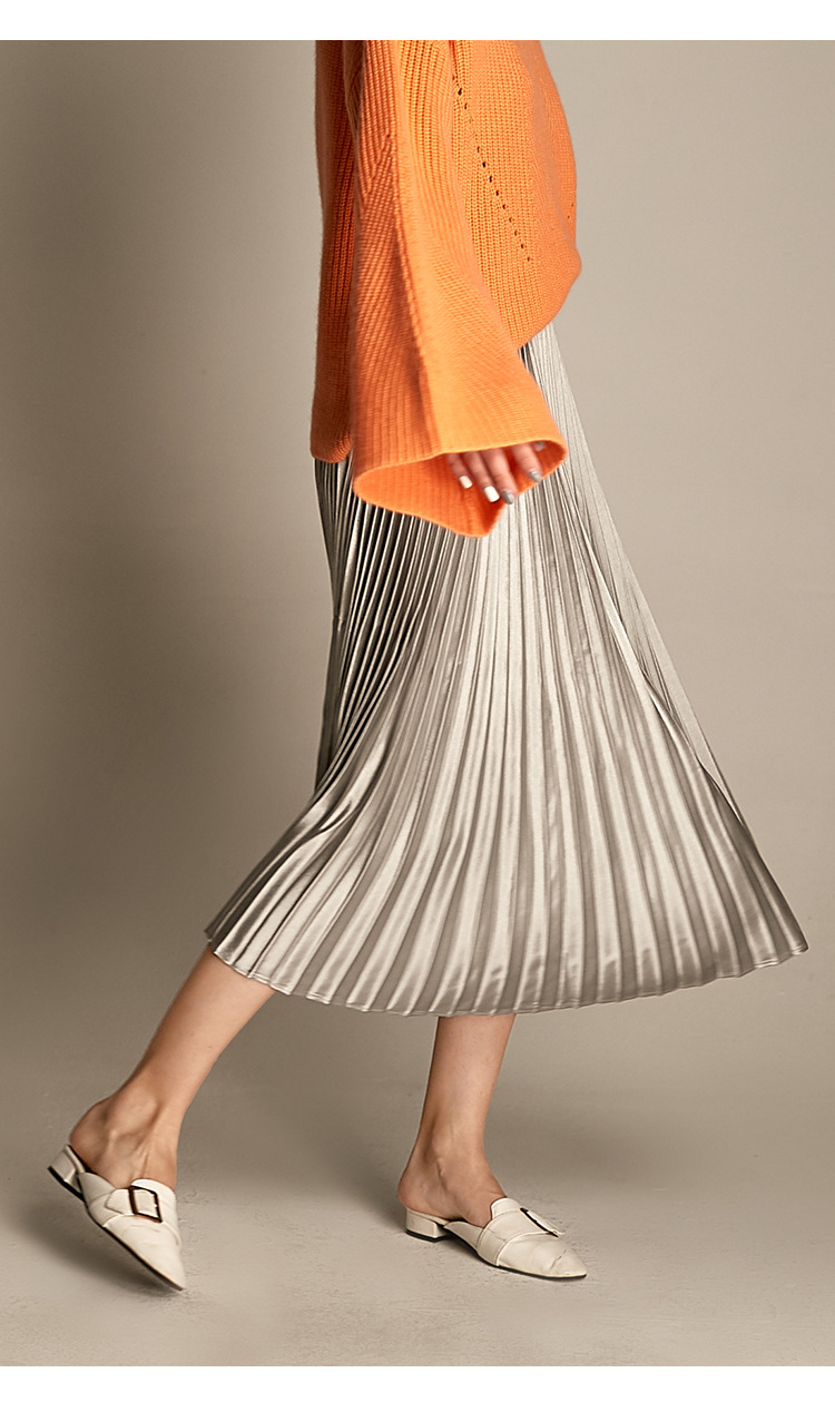 2019春季欧美新款大摆风裙褶高腰半身裙中长款金属色亮丝百褶裙女