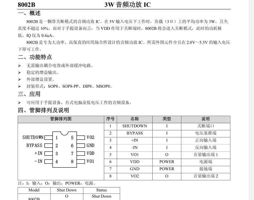 8002b 功放ic 8002 3w单声道带关断模式音频功率放大器提供技术