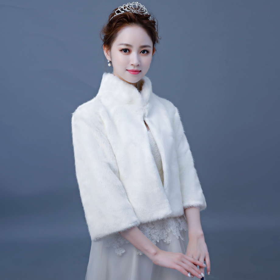 新娘婚纱毛披肩长袖韩版披肩大码白色加厚保暖秋冬礼服旗袍外套女