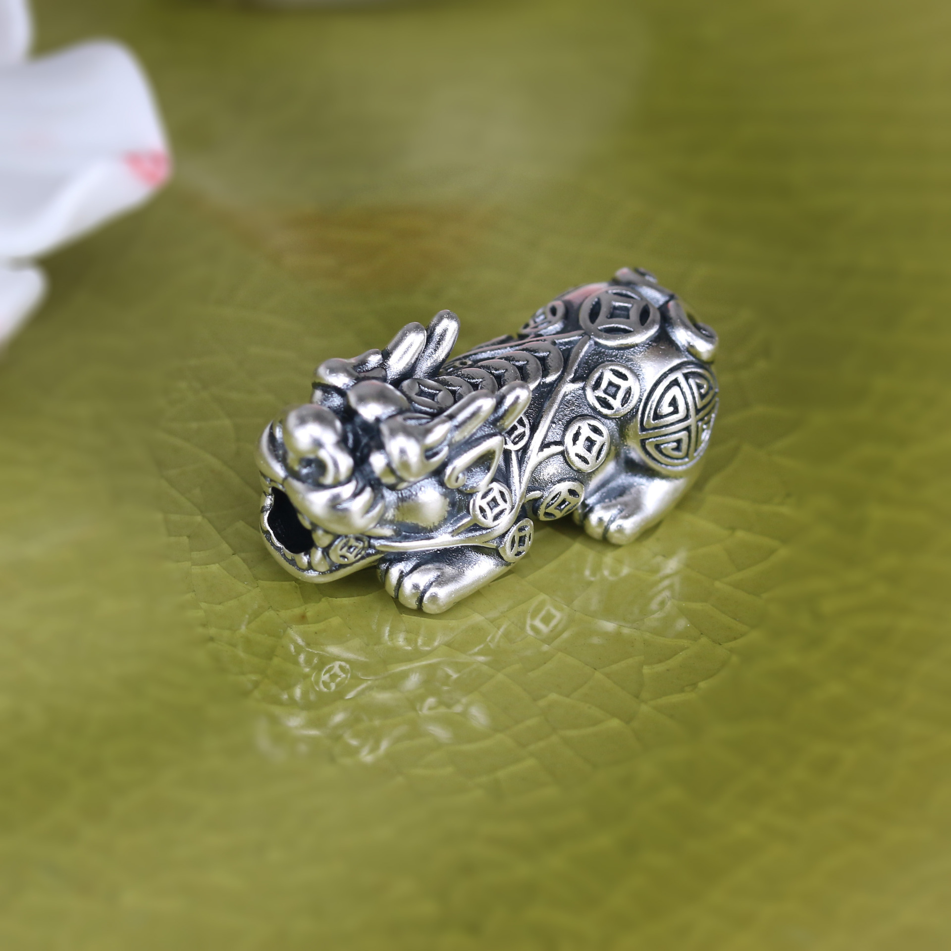 新款999纯银复古风貔貅 3d硬银金钱树貔貅编绳散珠 diy银饰配件