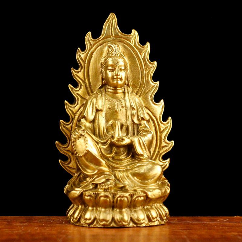 纯黄铜背光佛字观音摆件坐莲观音佛像净瓶观音佛堂供奉观世音菩萨