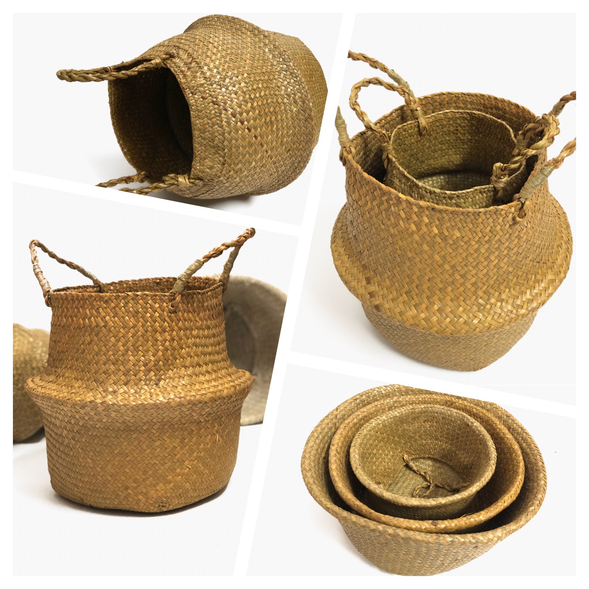 海草之编 手工草编织篮子花篮花盆 日式简约折叠收纳篮 提篮花器