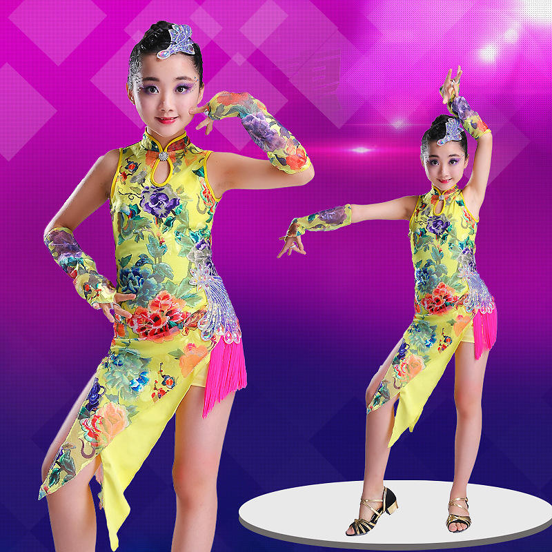 中国风新款儿童旗袍拉丁舞裙女童连体舞蹈裙比赛演出服女孩中大童
