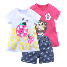 跨境儿童韩版童装夏季女童短袖短裤三件套瓢虫猴子上衣宝宝套装
