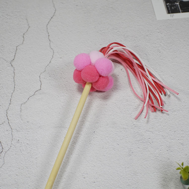 厂家直销批发三色泡泡毛绒球40cm长实木手柄手工椰子树逗猫棒玩具