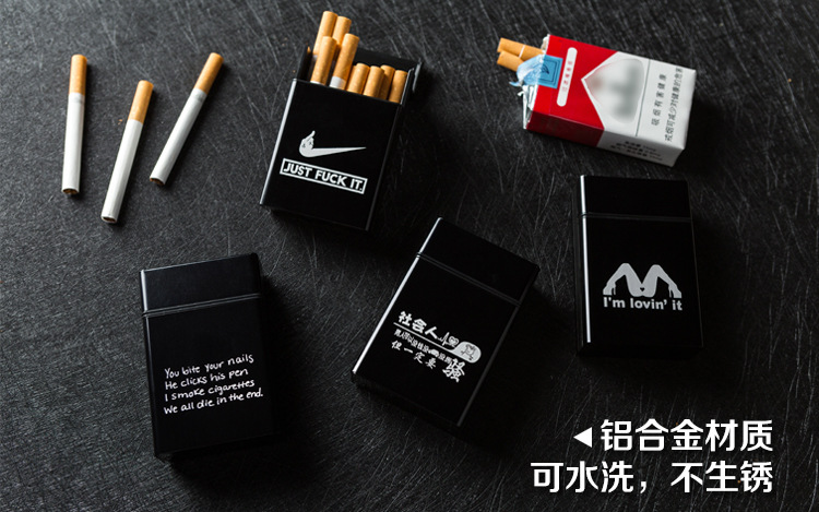 20支装黑色铝合金属社会人英文自动滑盖男士烟盒子创意恶搞笑个性
