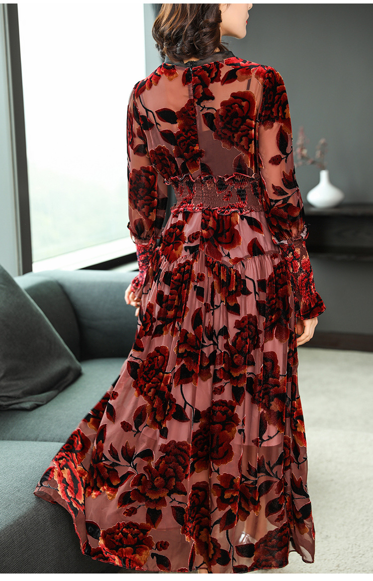 2018新款女装名媛真丝连衣裙优雅丝绒提花长款v领显瘦clyq1293