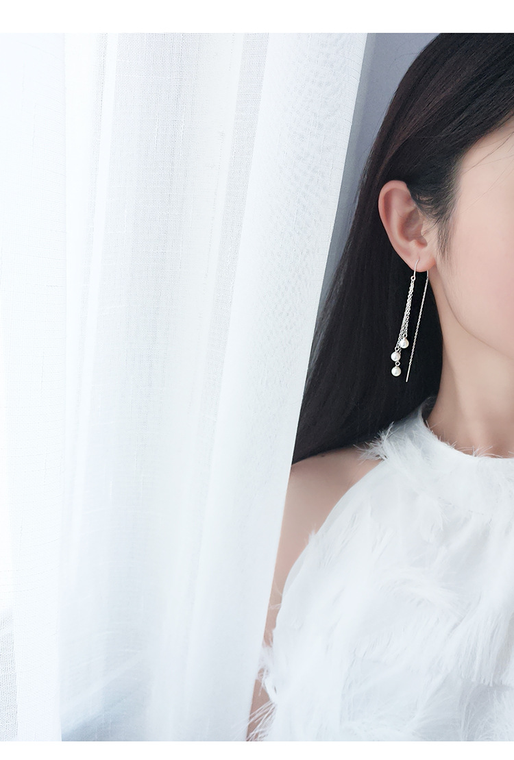 s925纯银珍珠流苏耳线韩国chic气质个性女长款流苏耳环耳钉饰品