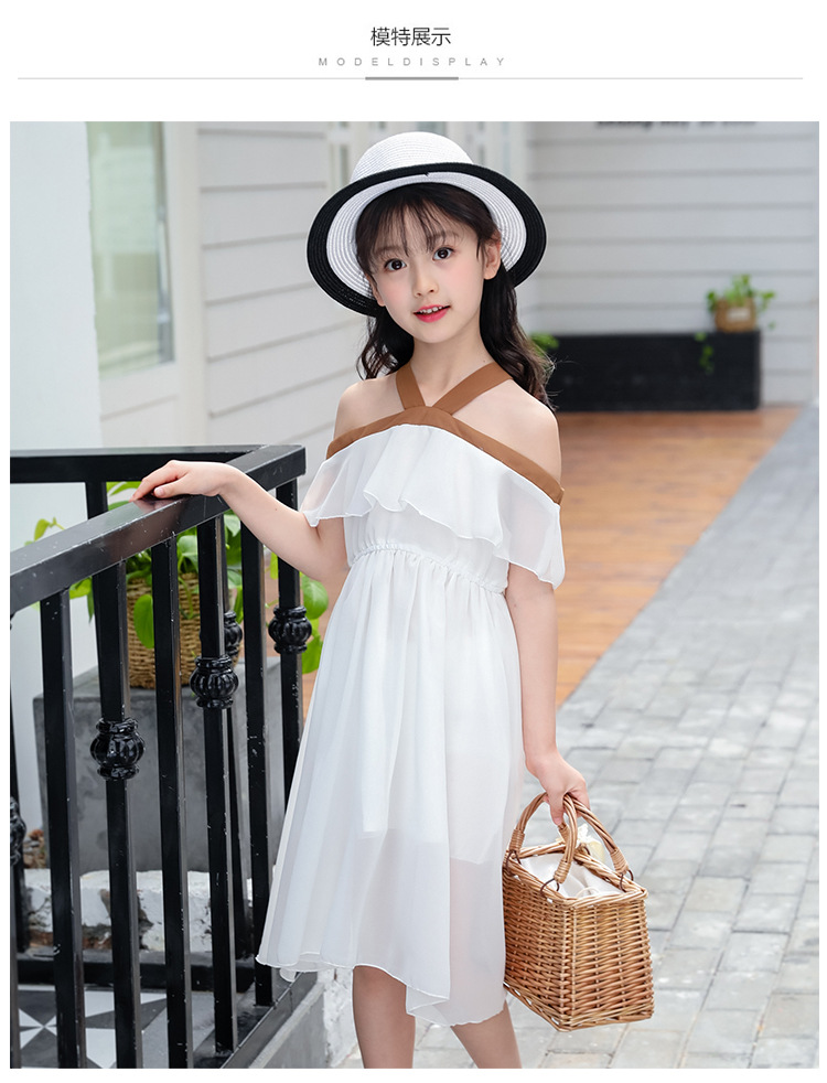 2019夏季女童露肩长裙荷叶边儿童雪纺连衣裙一字肩收腰韩版公主裙