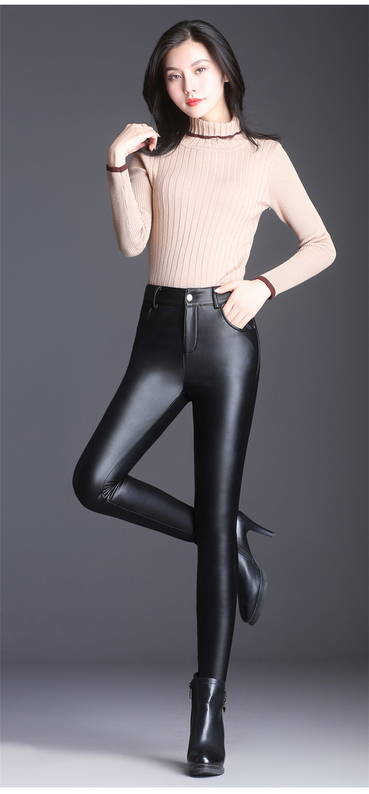 2018秋冬海宁真皮皮裤女绵羊皮长裤高腰加绒修身弹力小脚裤铅笔裤