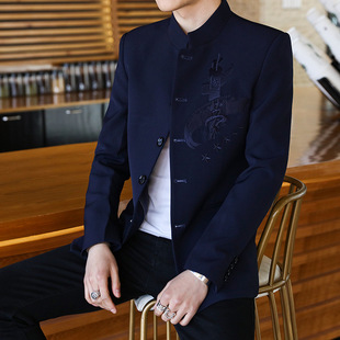 中国风刺绣单西装男2018春秋新款商务绅士中山立领男装西服男外套
