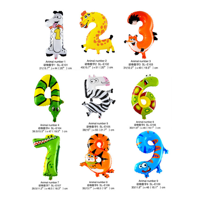 外贸16寸动物数字铝膜气球 卡通动物数字气球 0-9小号数字批发