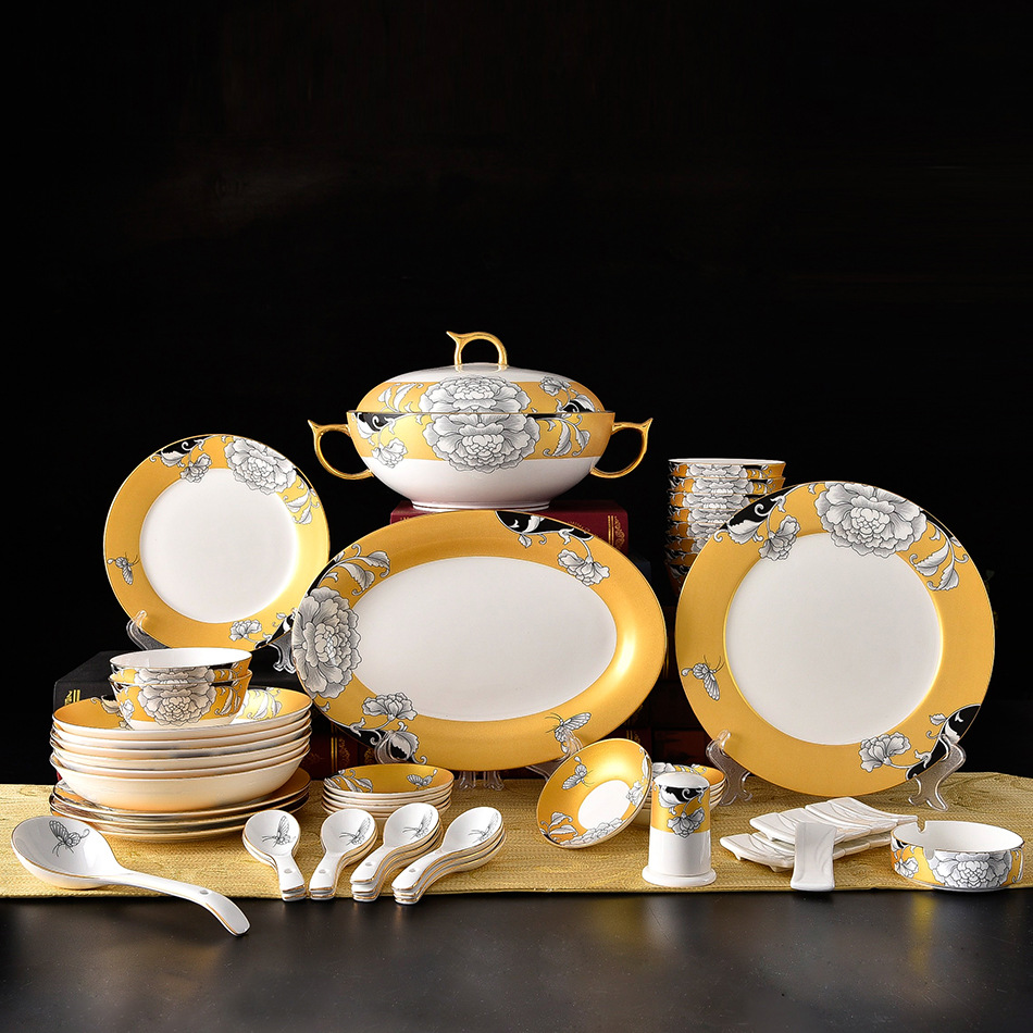 新款56头餐具礼盒装盘子碗套装新中式家用中餐具描金磨砂碗盘