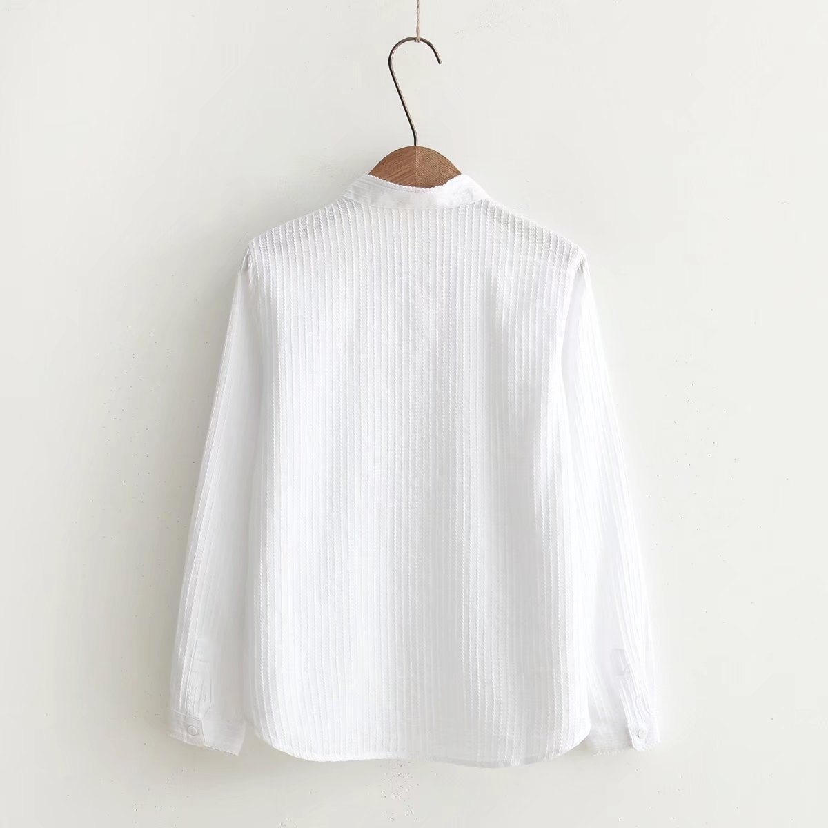 2018新款甜美棉质白色长袖衬衫女修身立领提花条纹衬衣x6386