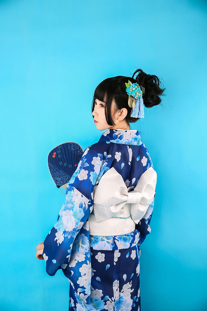 日本和服浴衣女蓝色山茶花改良和服正装传统和服