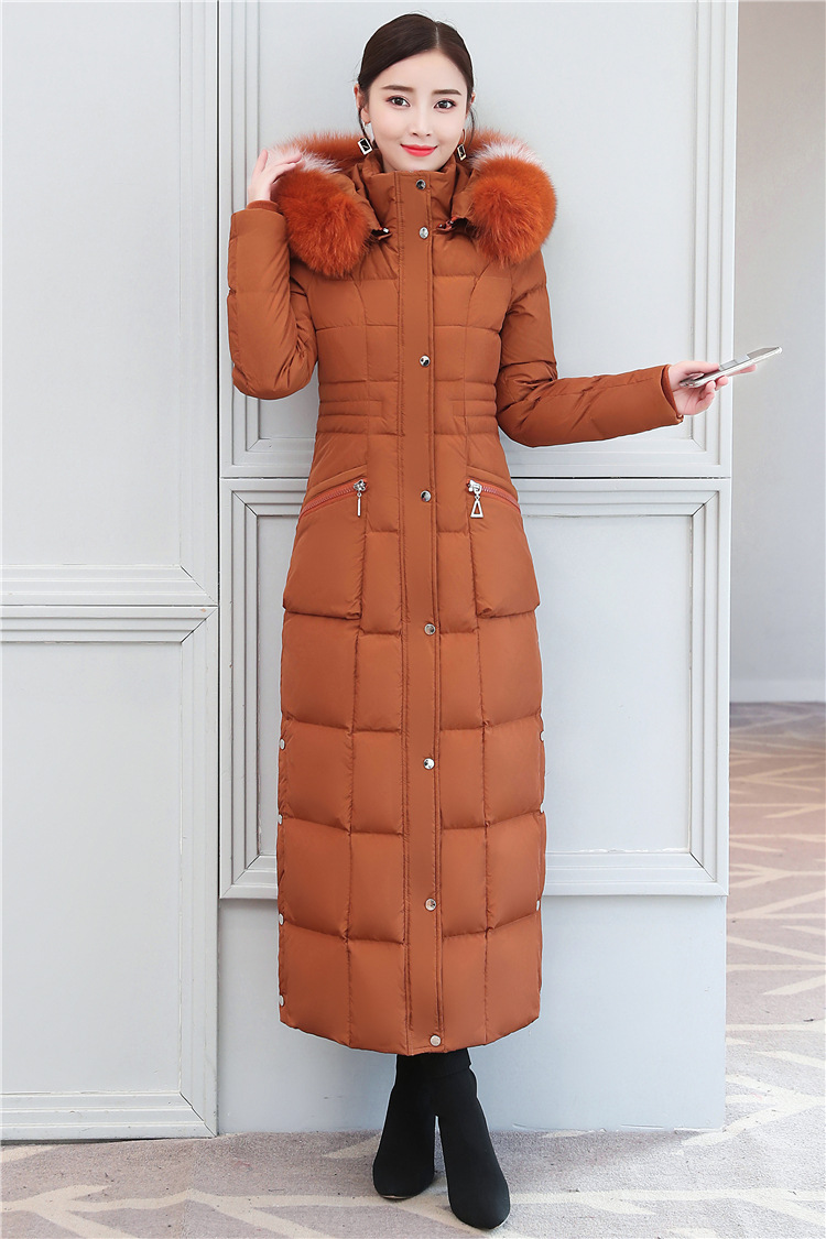 批发正品牌奢华真狐狸大毛领长款羽绒服女长过膝加厚加长修身超长