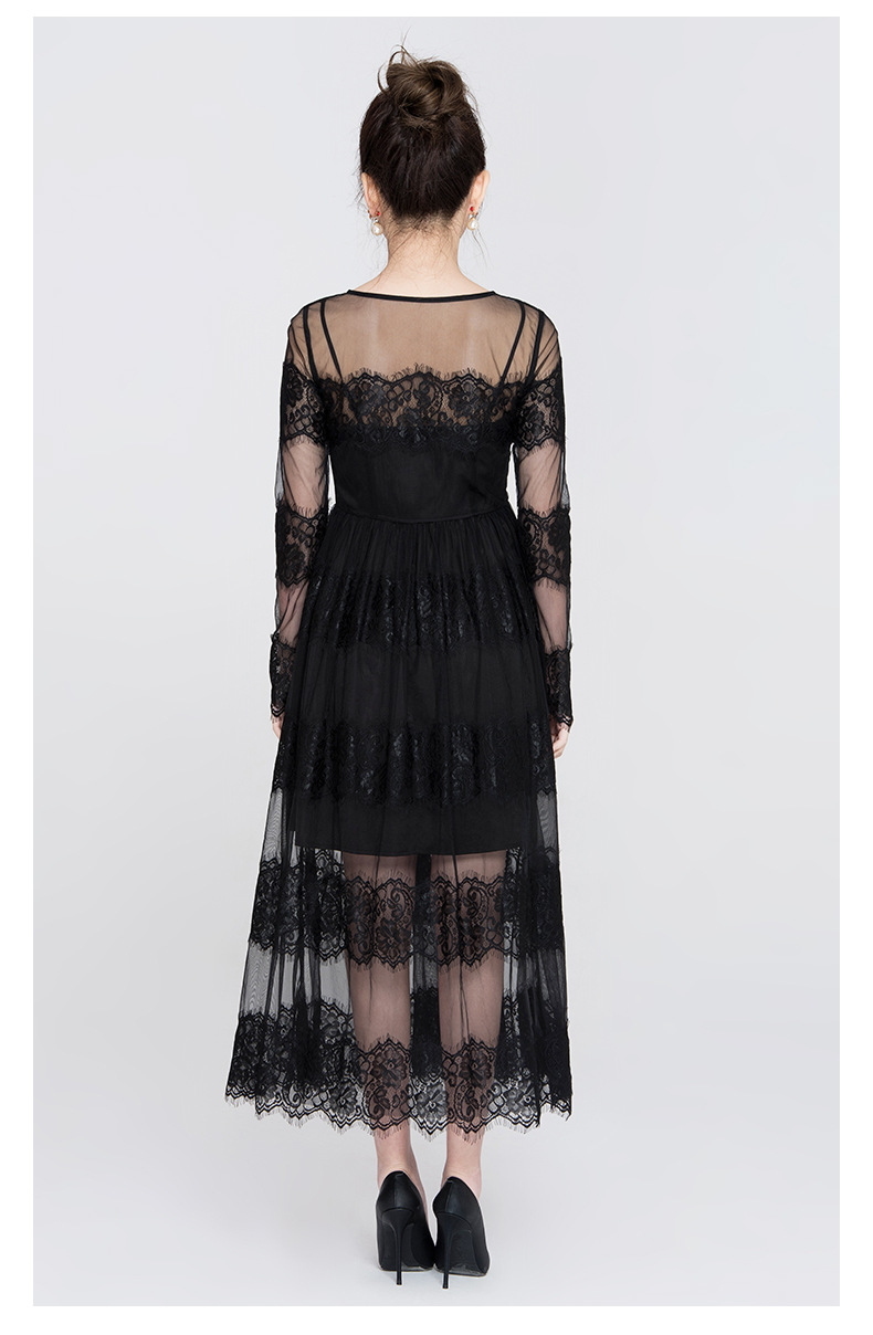 yigelila2018早春新款性感透视黑色修身显瘦蕾丝网纱连衣裙63465