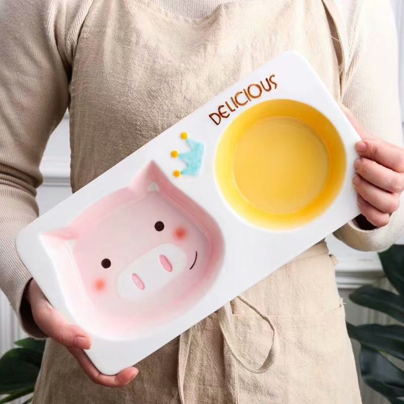 New Year of Pig Creative Cute Ceramic Tableware Beautiful Children Compartment Tray Baby Rice Bowl Drinking Cup with Lid Noodle Bowl