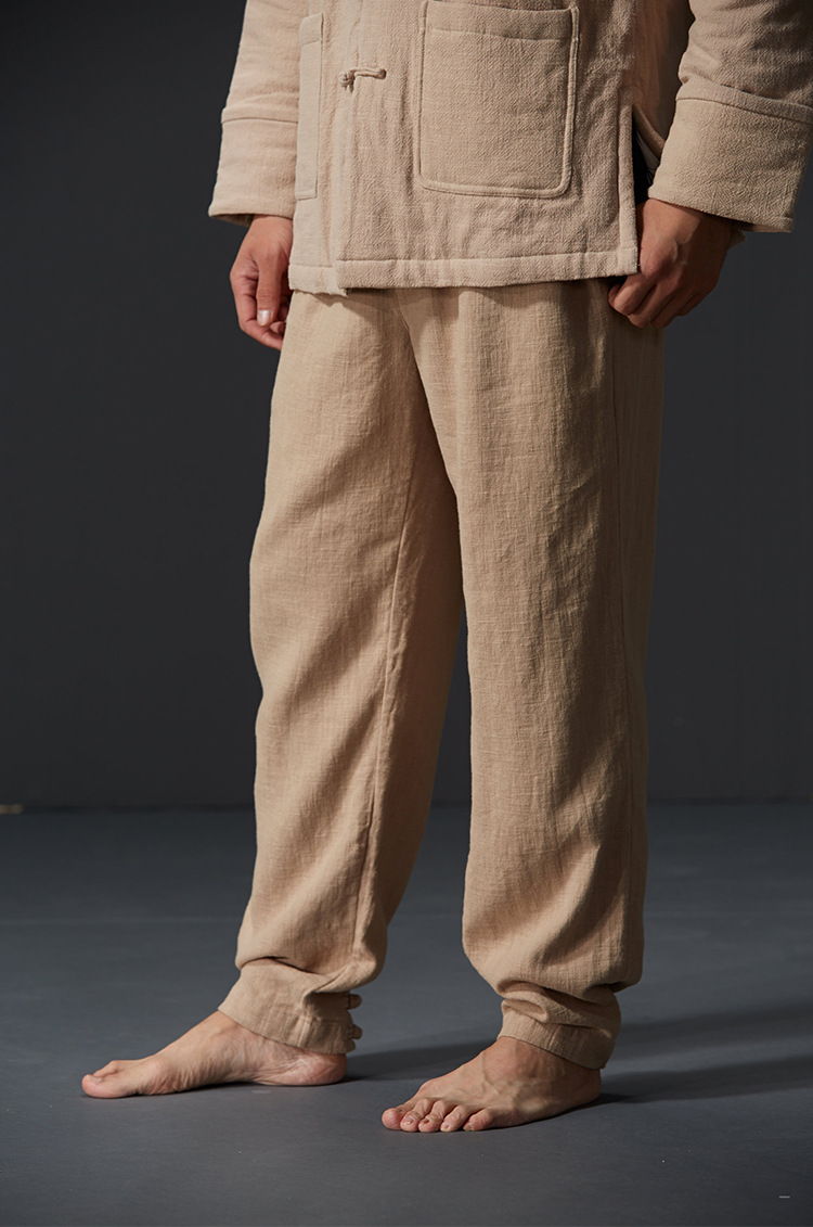 书上说秋冬长裤厚料苎麻休闲直筒裤纯色裤休闲系带长裤简约中国风