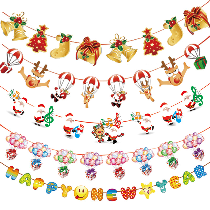 New Year Cartoon Christmas Hanging Flag Paper Flag Party Atmosphere Decoration Holiday Decorations Latte Art Christmas Decoration