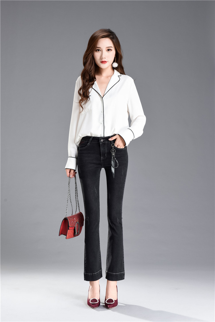 秋季新款胖mm加大码修身喇叭裤 高腰微喇牛仔裤女黑色十分裤长裤